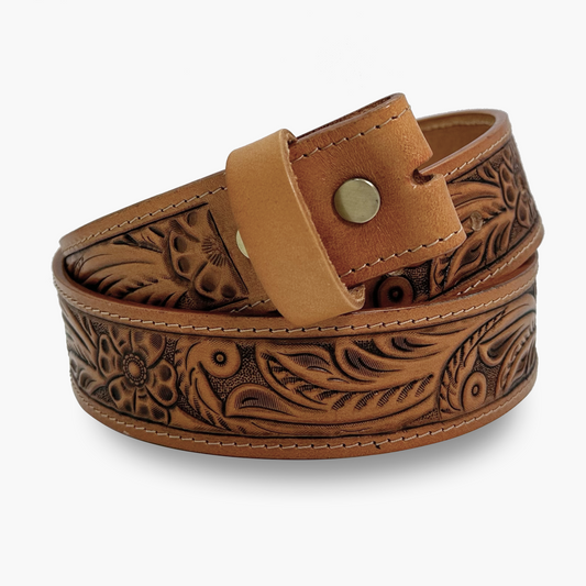 Tan Floral Tooled Belt Strap