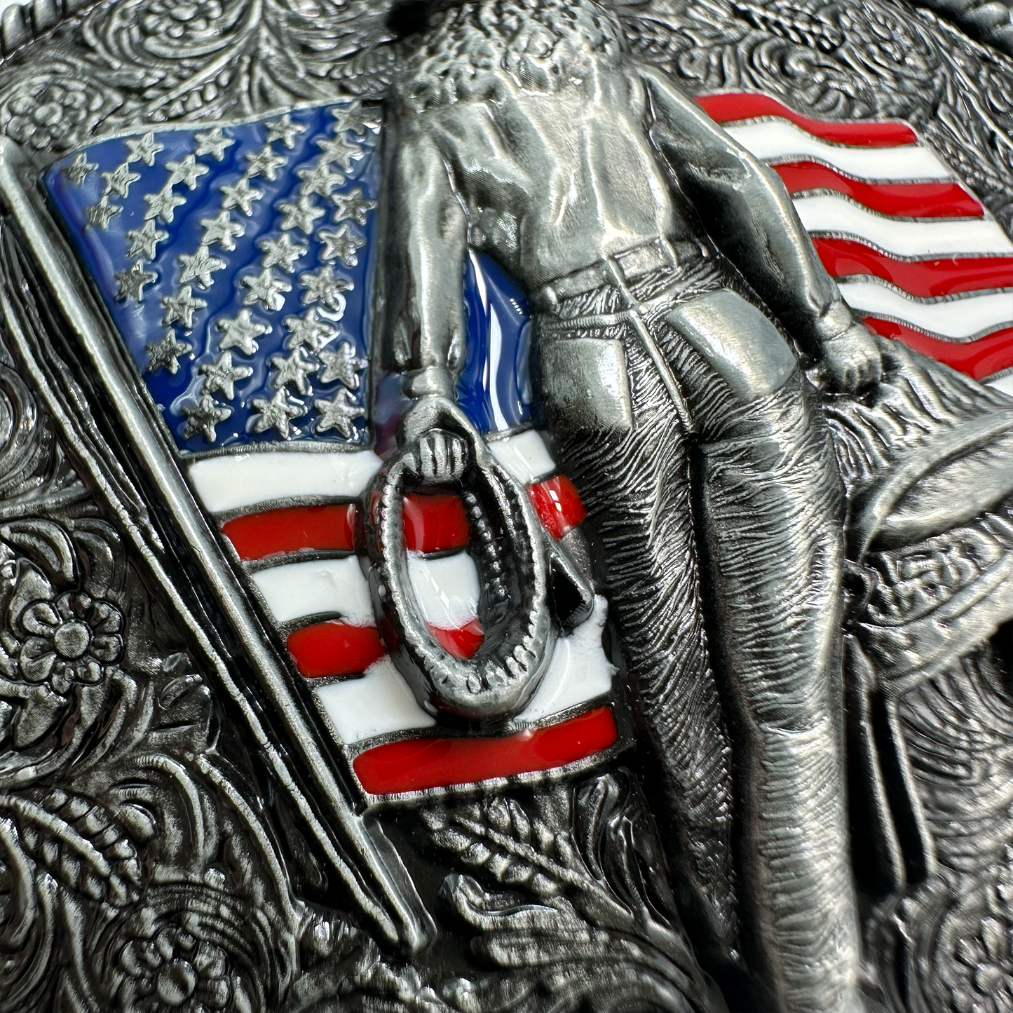 Silver Cowboy with Flag Belt Buckle