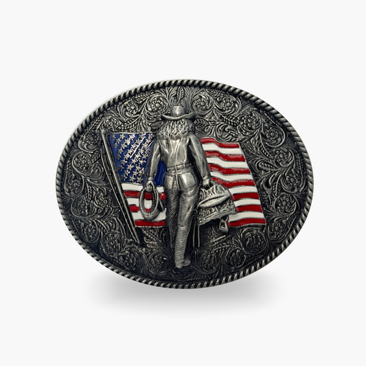 Silver Cowboy with Flag Belt Buckle