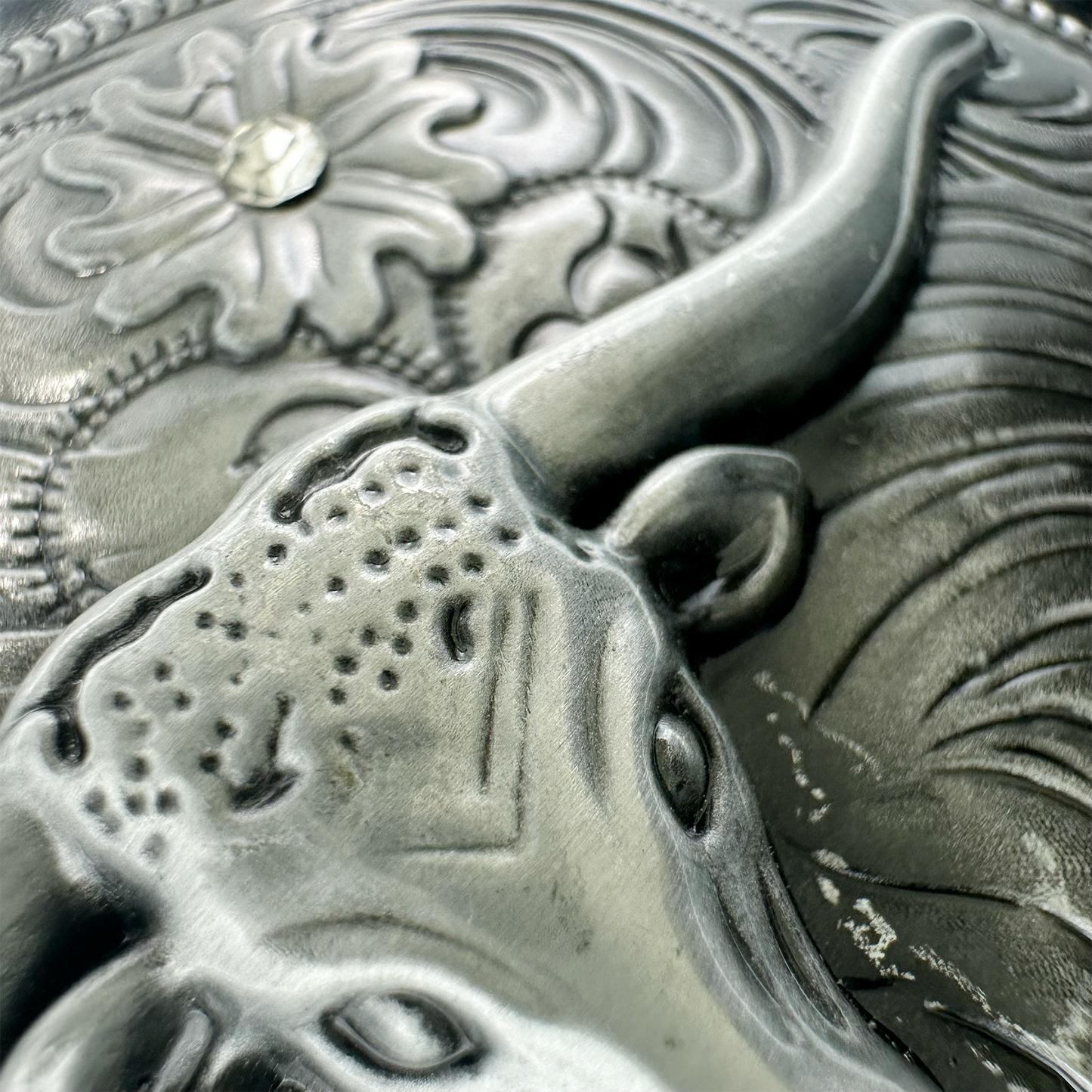 Silver Cow Skull with Flower Belt Buckle