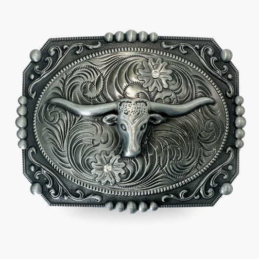 Silver Cow Skull with Flower Belt Buckle
