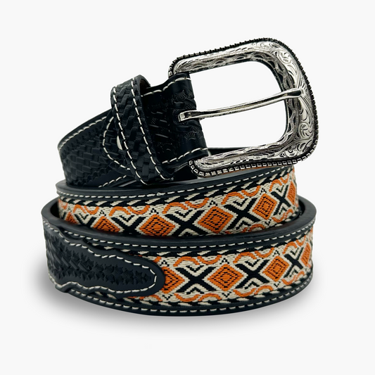 Black Basket Weave with Textile Inlay Leather Belt