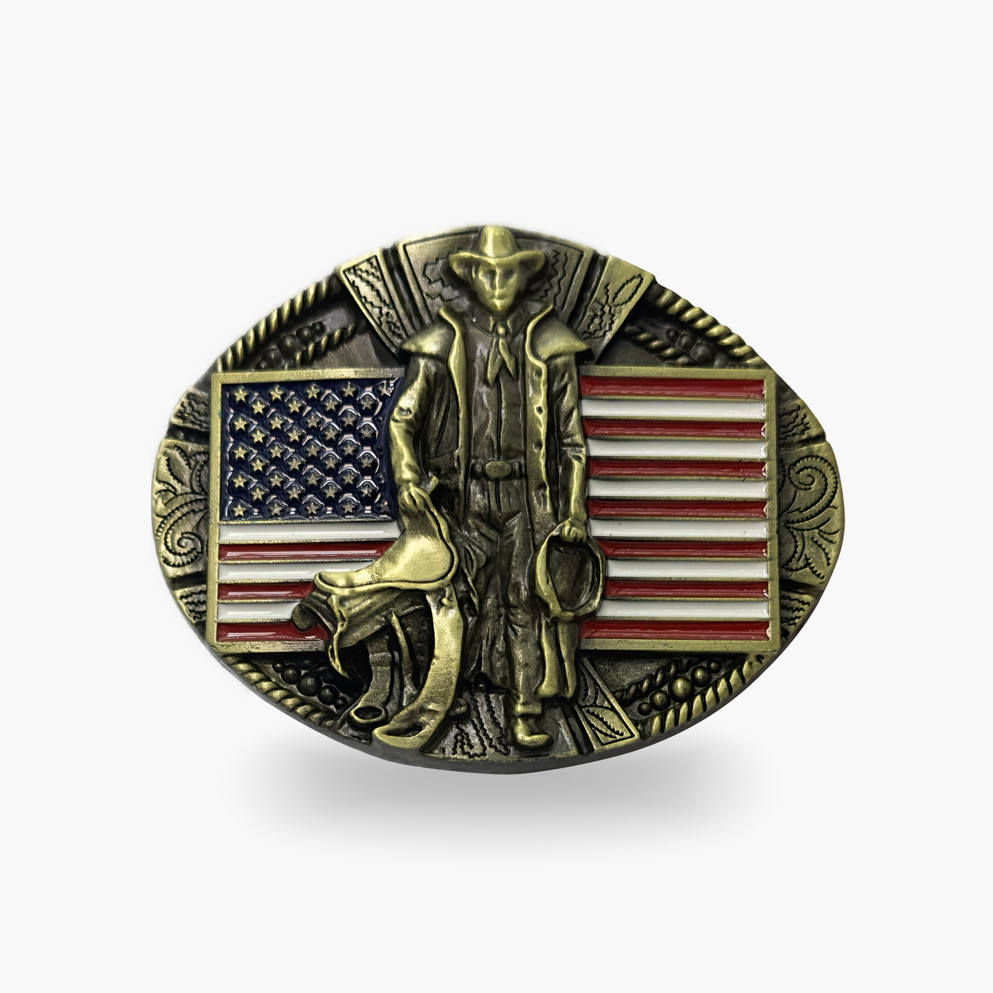 Brass Cowboy with Flag Belt Buckle